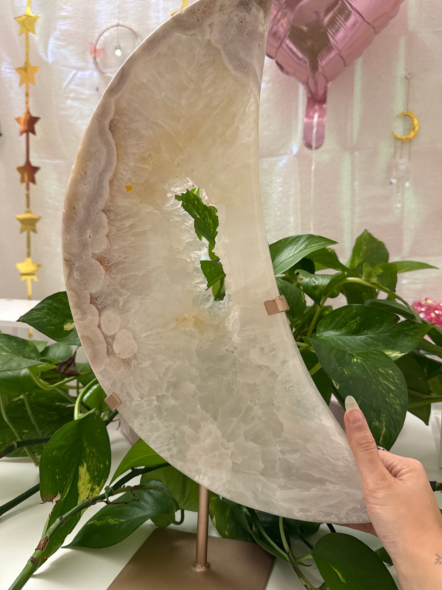 Druzy Flower Agate & Pink Amethyst & Clear Quartz XL Collectors Moon 15” tall