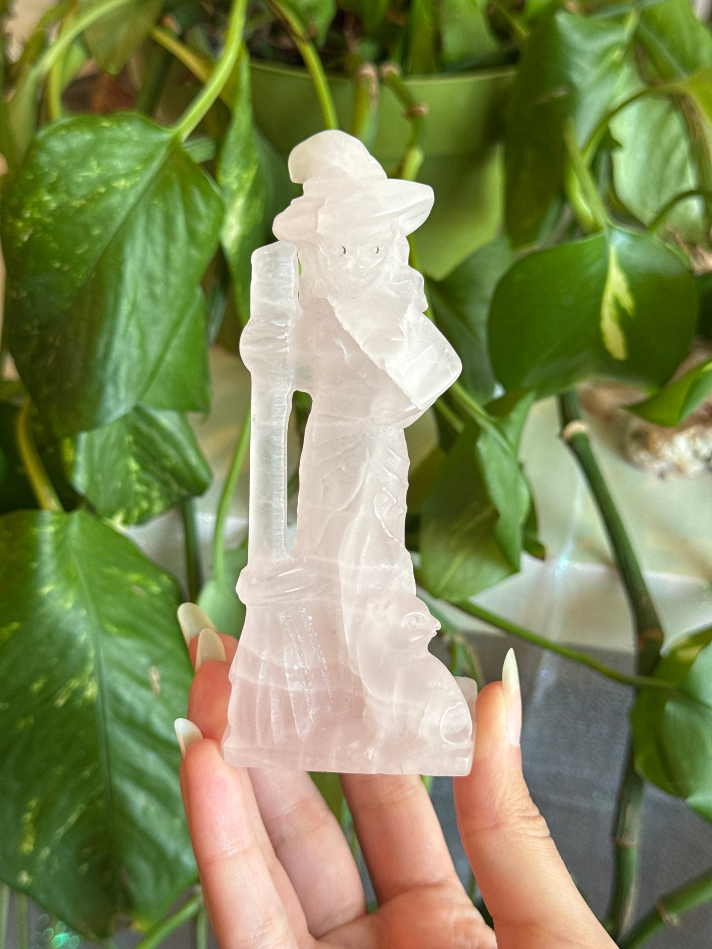 Rose Quartz Witch with Broom & Cat