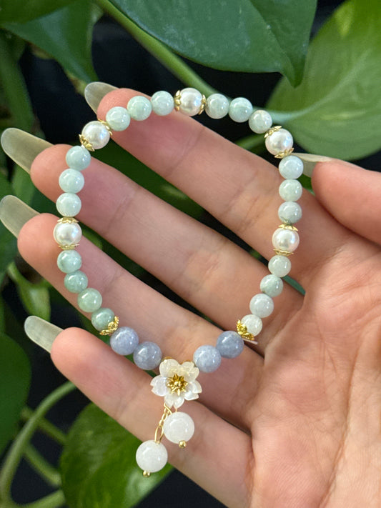 Light Jade, Pearl, & Angelite Flower Bracelet