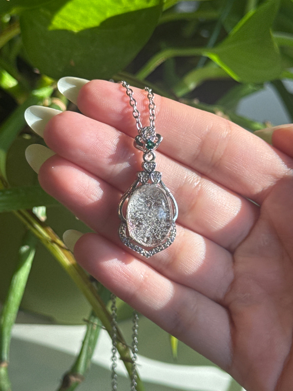 Gorgeous Grey Garden Quartz Lense Tear Drop Necklace