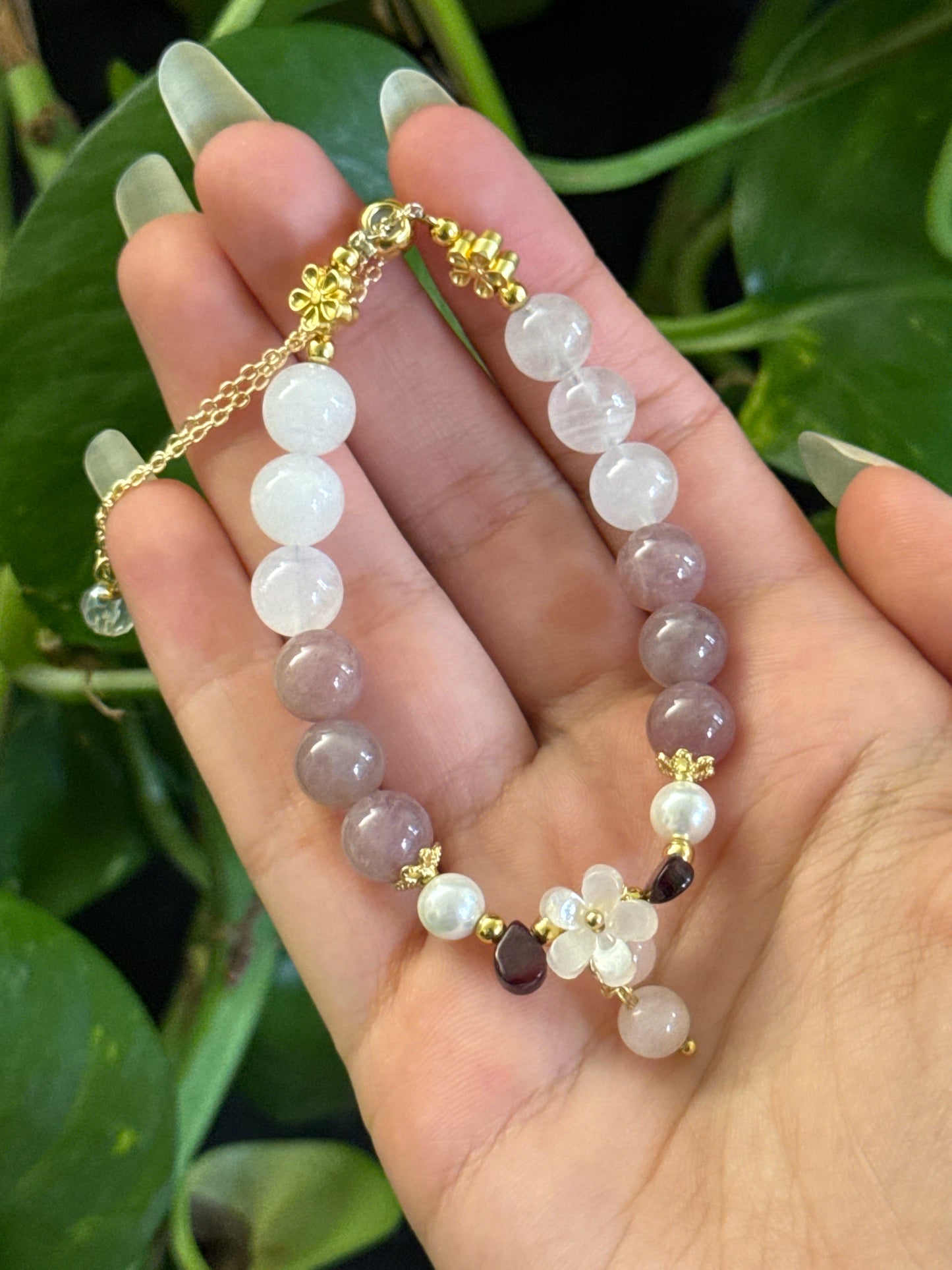 Lavender Rose Quartz & Moonstone & Garnet Bracelet