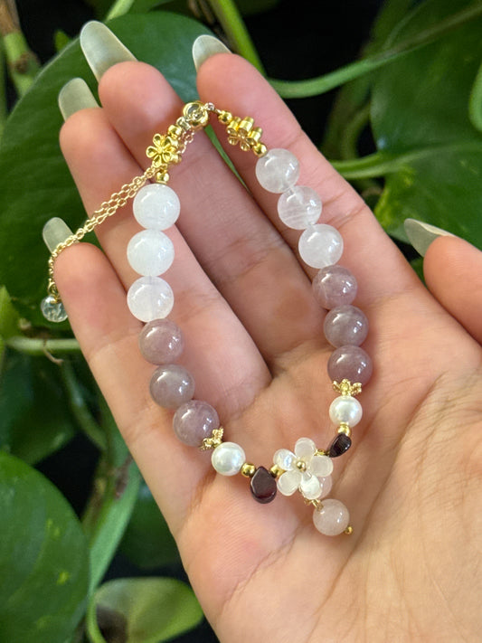Lavender Rose Quartz & Moonstone & Garnet Bracelet