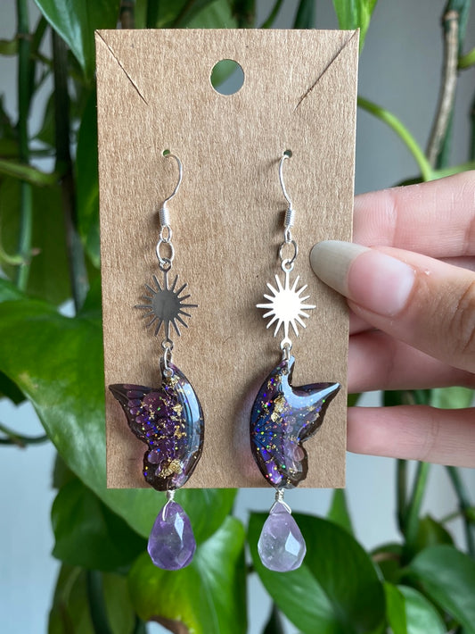 Amethyst Butterfly Earrings - 925 Silver Hooks