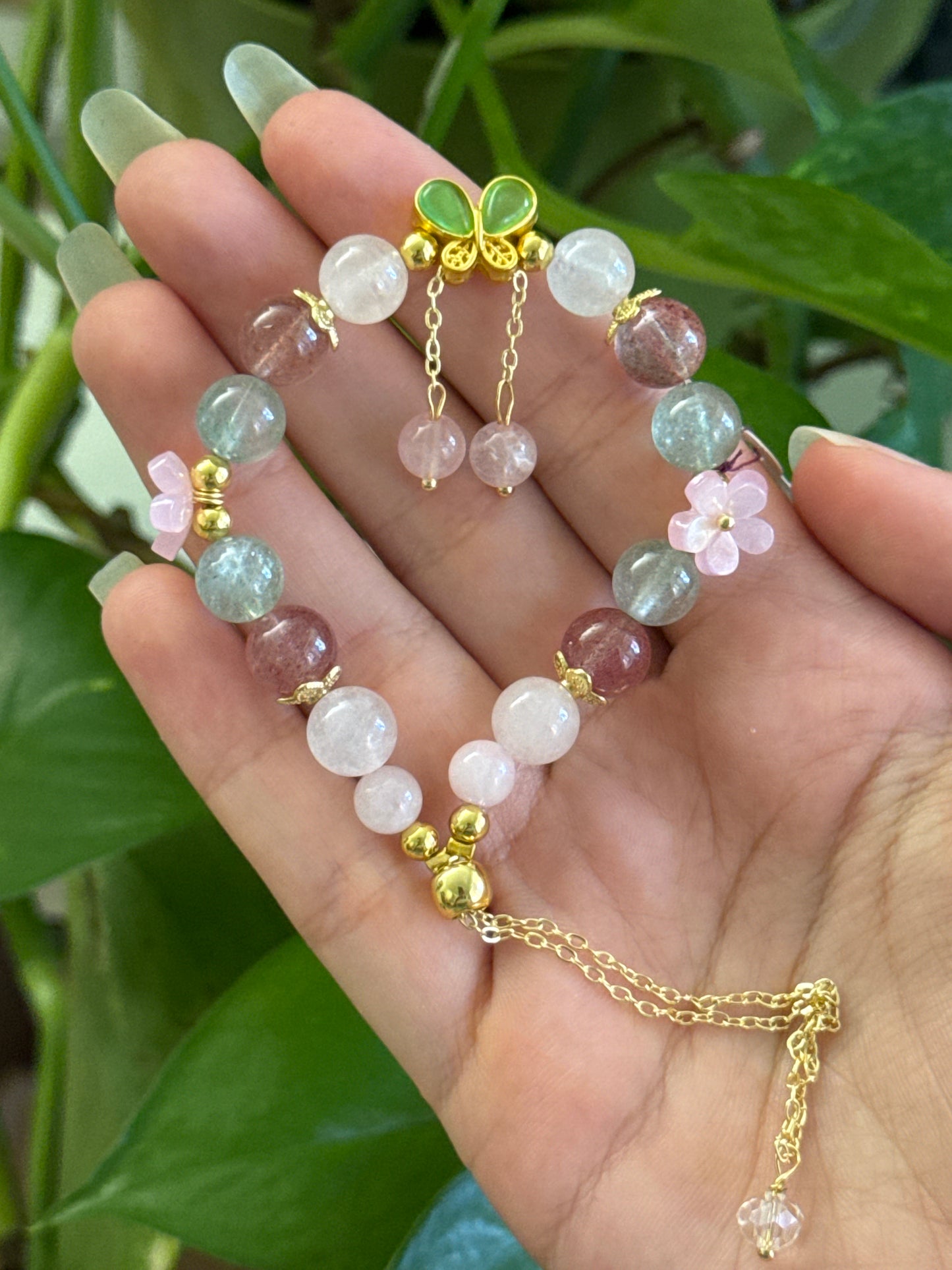 Red & Green Strawberry Quartz & Rose Quartz Adjustable Bracelet