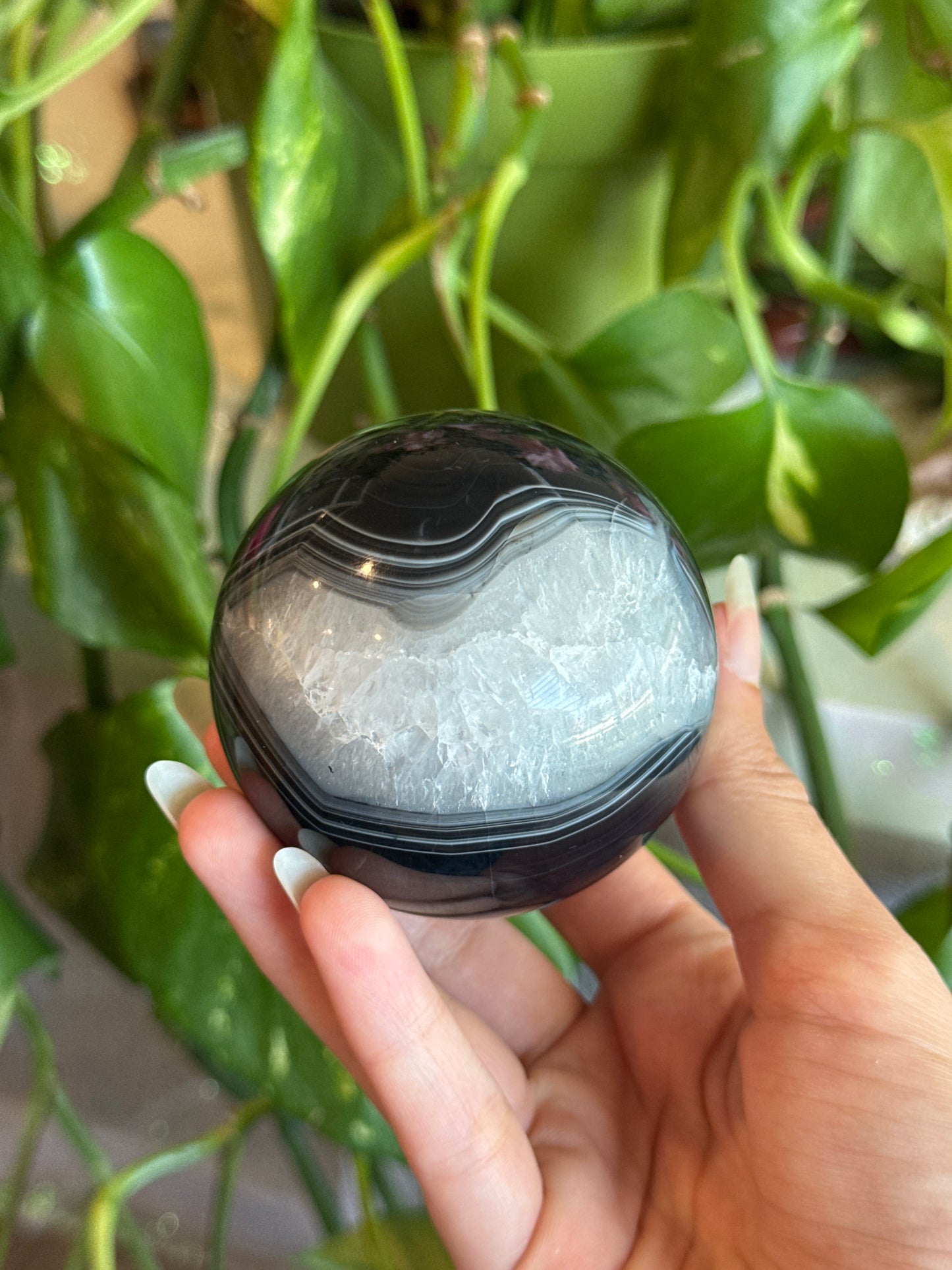 Moody Banded Black Agate & Quartz Sphere A