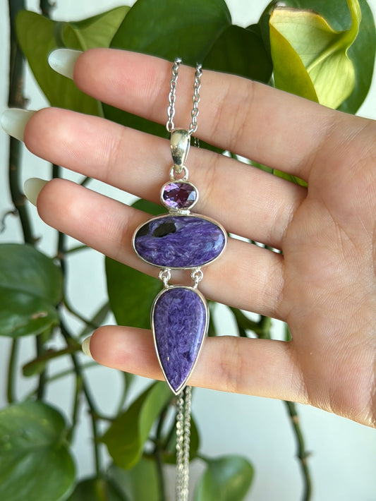 Charoite & Amethyst Collectors Statement 925 Sterling Silver Necklace