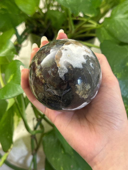 Moody Moss Agate Sphere With Carnelian
