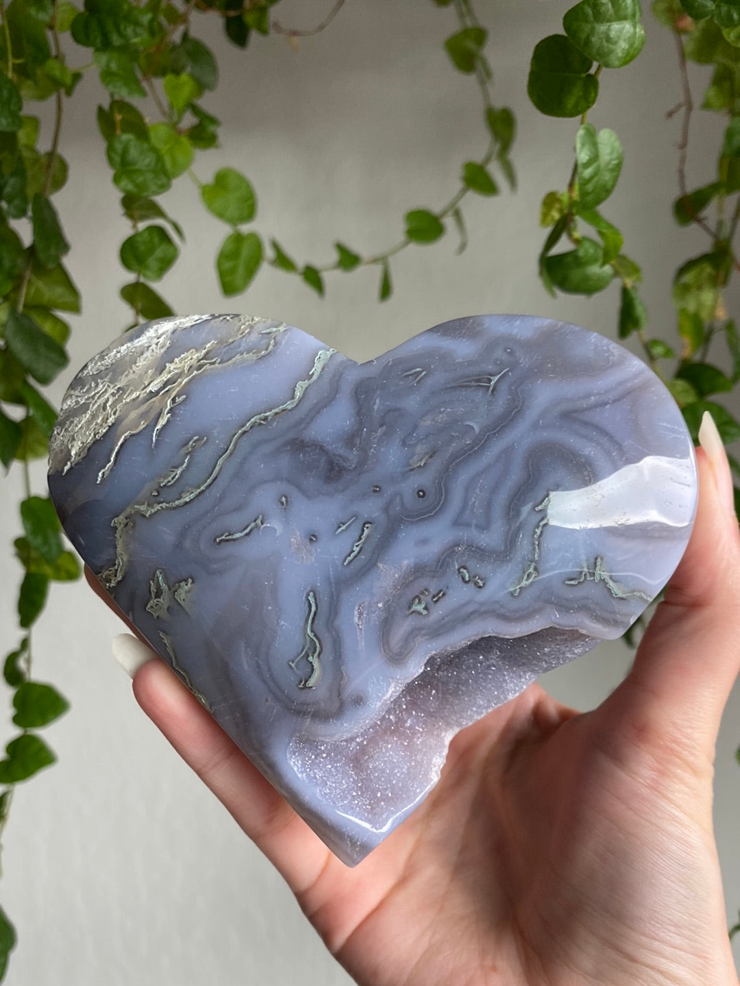 Blue Moss Agate Heart On Stand