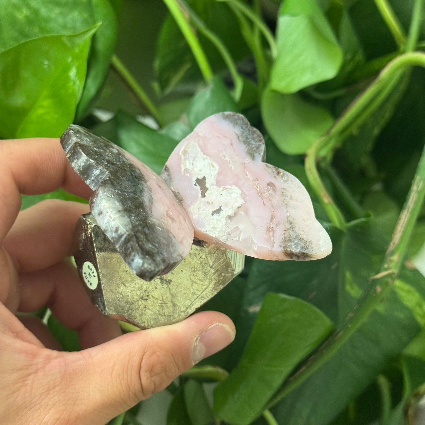 Hand Carved Peruvian Pink Opal Butterfly on Cubic Pyrite B