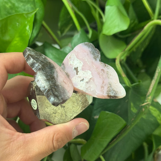 Hand Carved Peruvian Pink Opal Butterfly on Cubic Pyrite B