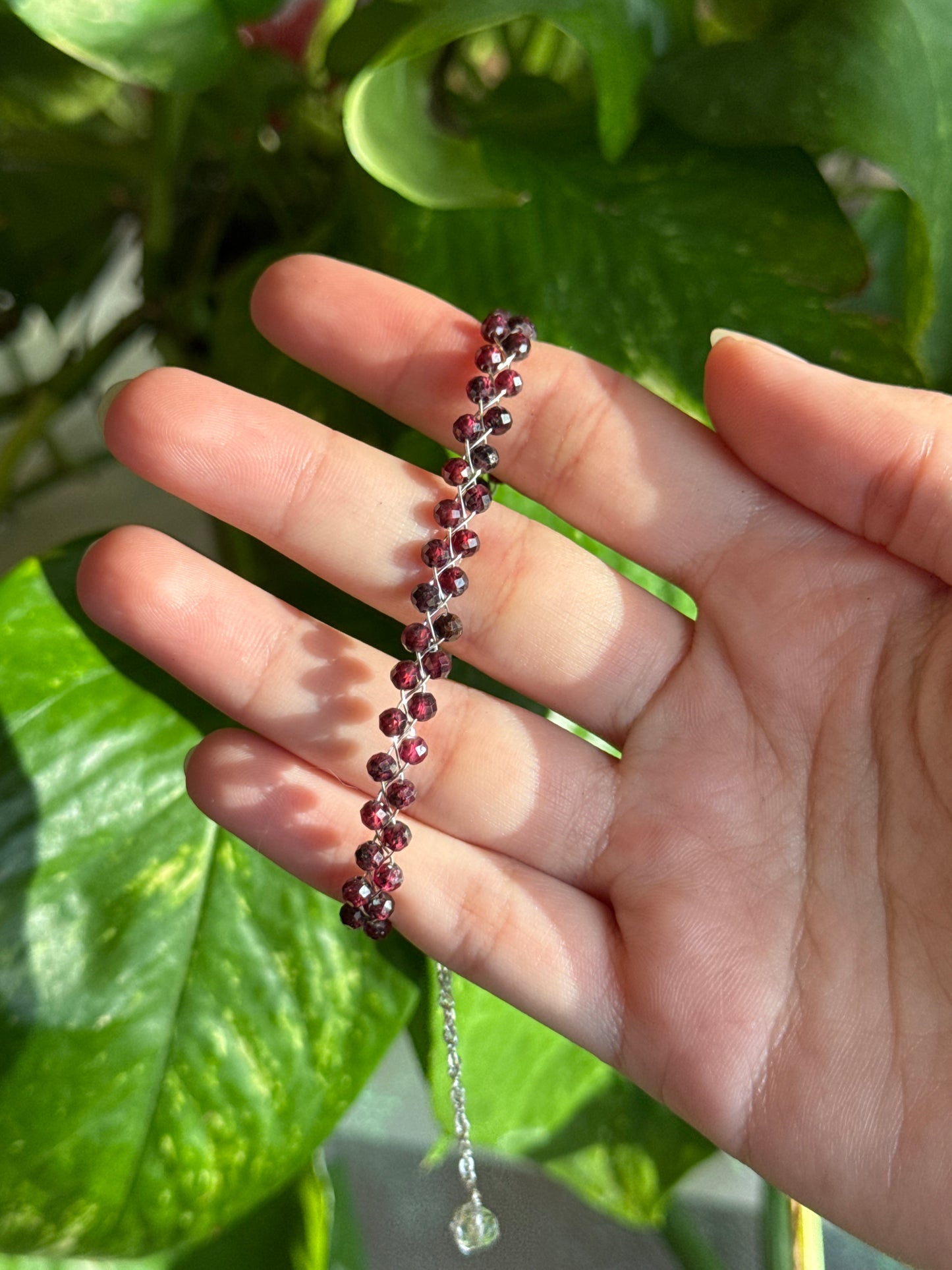 Garnet Beaded Dainty Silver Adjustable Bracelet