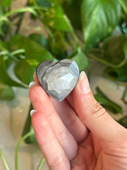 Silver Sheen Obsidian Faceted Heart Carving