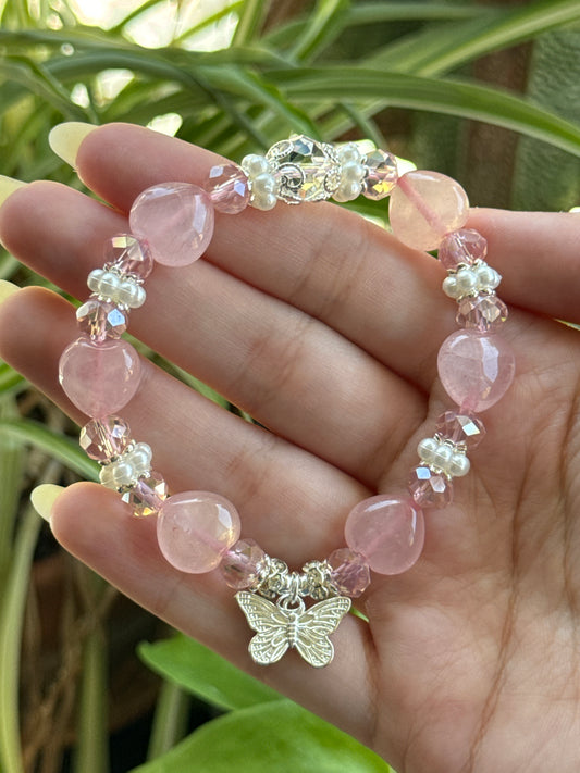 Rose Quartz Heart & Pearl Butterfly Bracelet