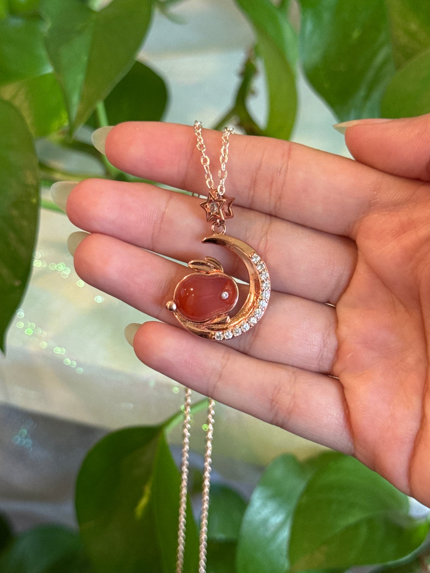 Rose Gold Carnelian Moon Bunny Necklace