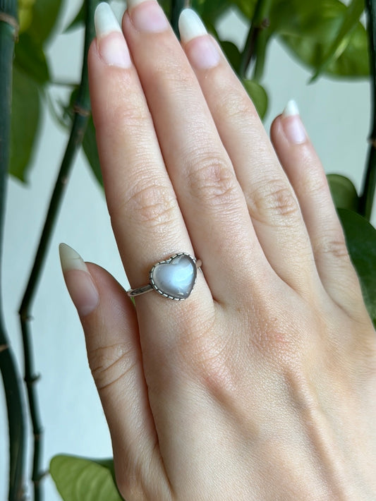 Grey Moonstone Heart 925 Sterling Silver Adjustable Ring