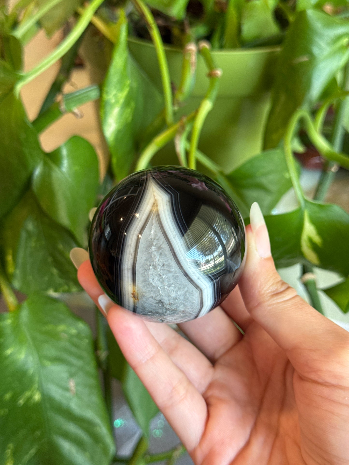 Moody Banded Black Agate & Quartz Sphere B