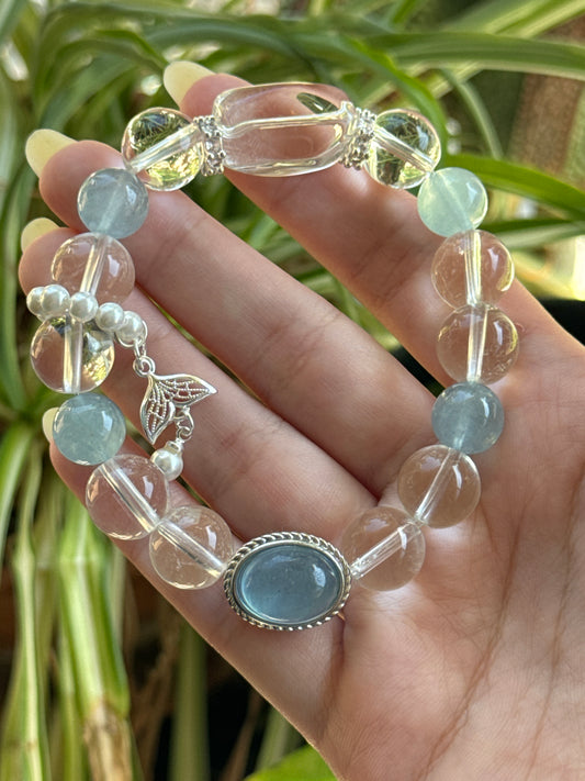 Aquamarine & Clear Quartz Flower Bracelet