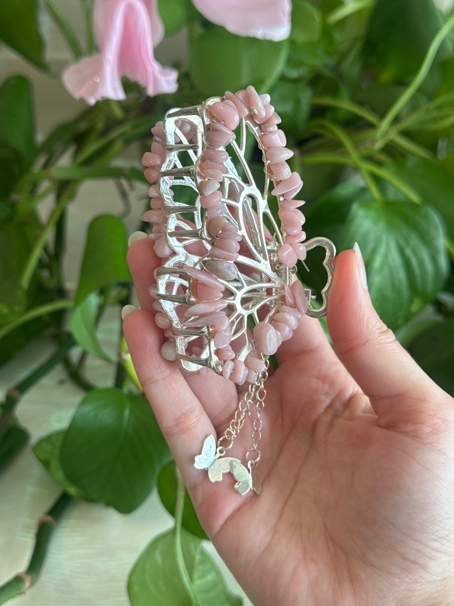 Pink Opal Silver Butterfly Claw Clip