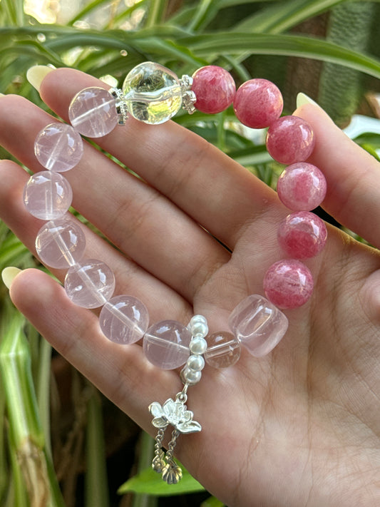 High Grade Rose Quartz & Clear Quartz & Sakura Rhodonite Bracelet