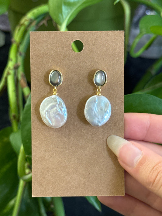 Black Shell & Biwa Pearl 925 Sterling Silver with Gold Vermeil Earrings