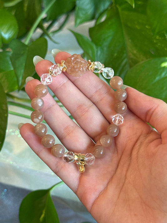 Flashy Peach Moonstone & Clear Quartz Rose Carving Bracelet