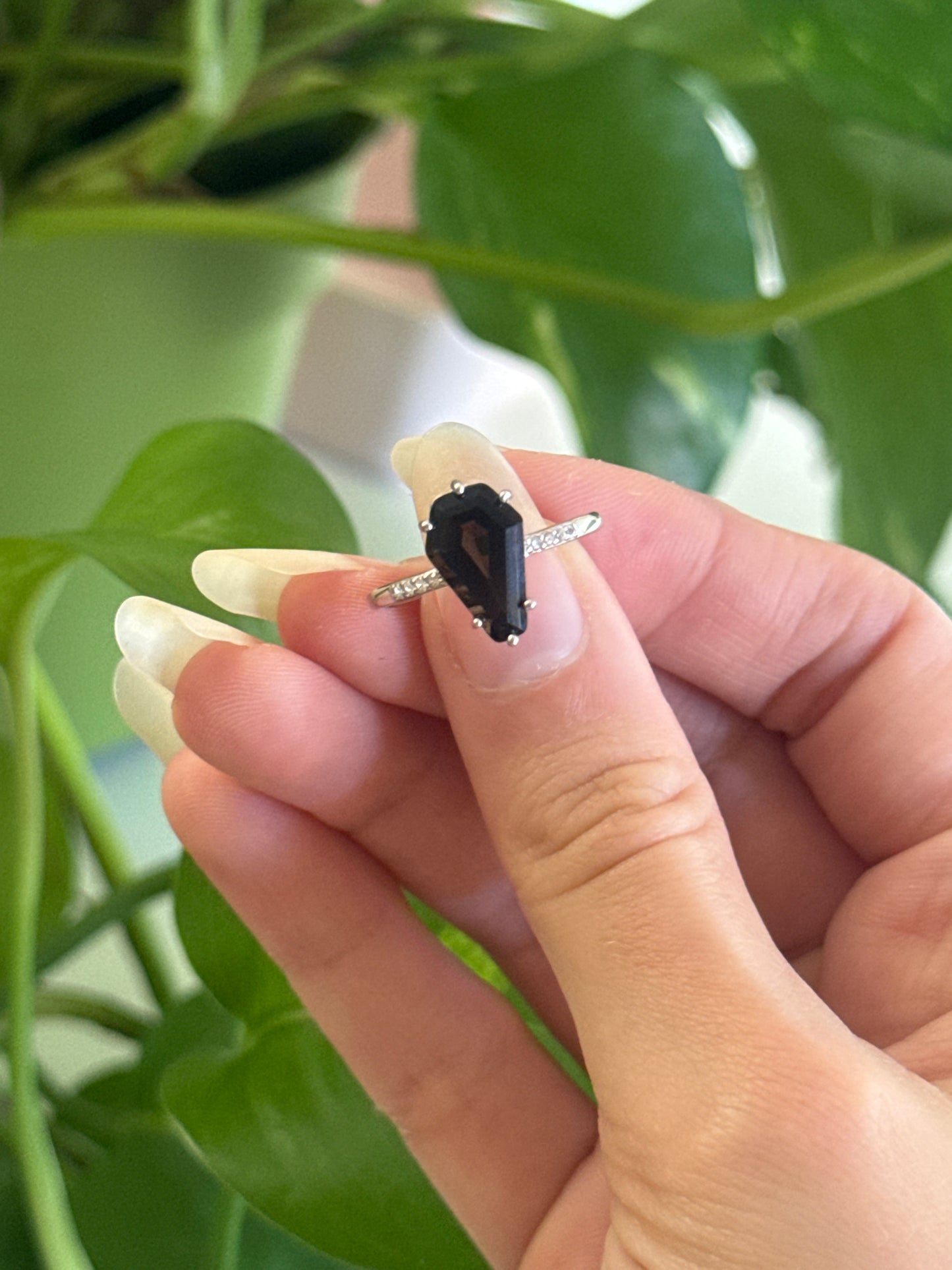 Smoky Quartz Coffin 925 Sterling Silver Adjustable Ring