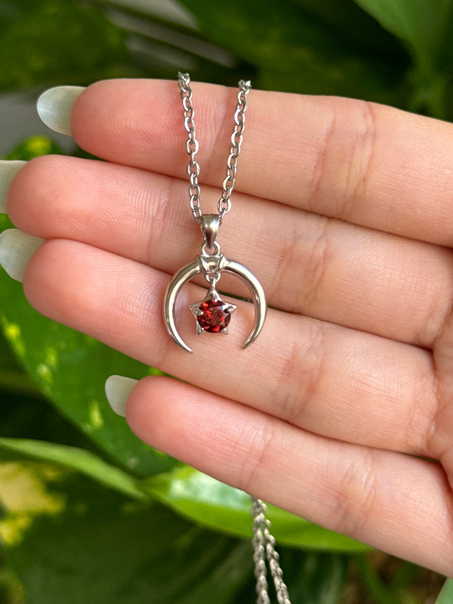 Garnet Crescent Moon & Star 925 Sterling Silver Necklace