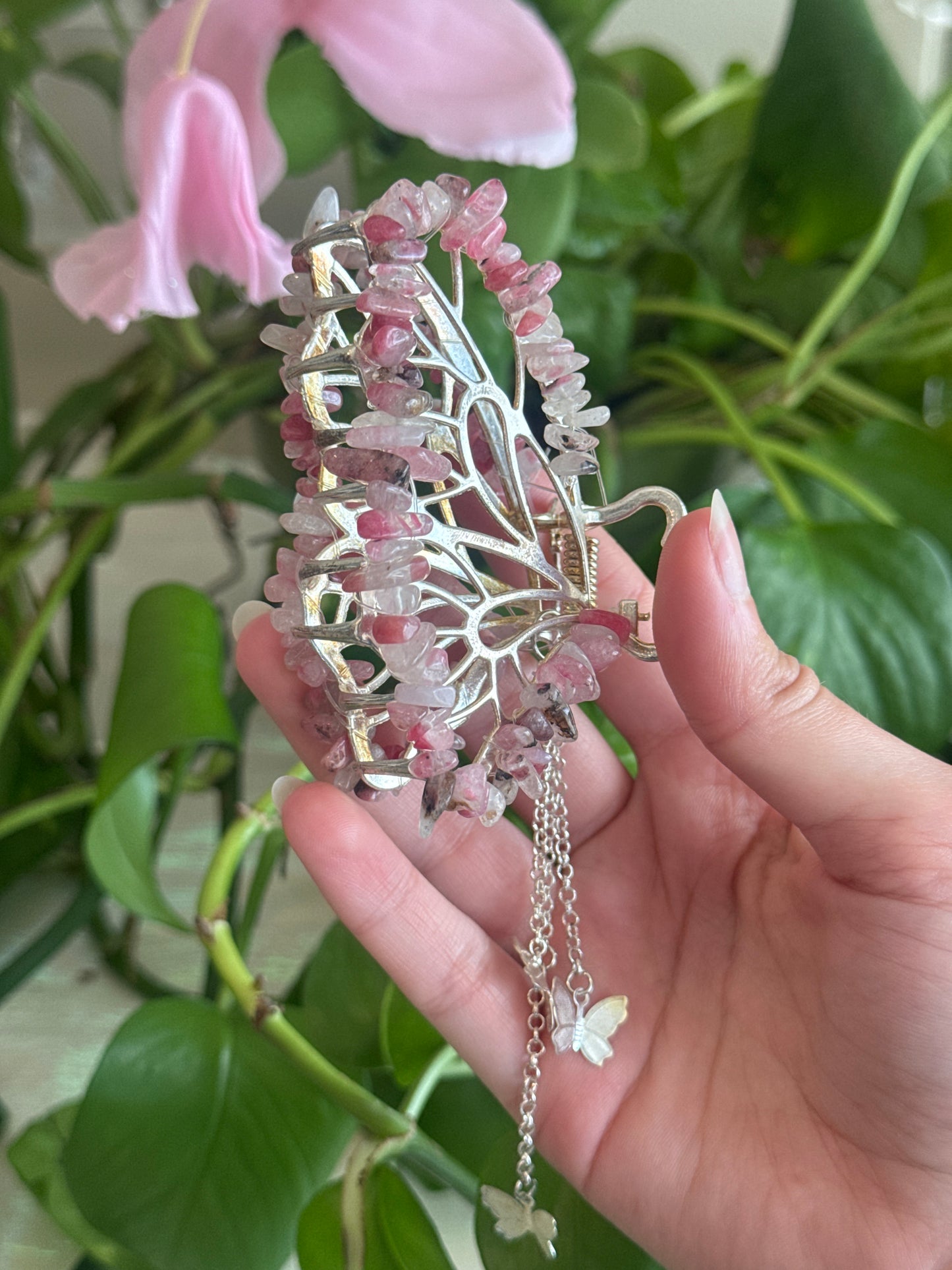 Sakura Rhodonite Silver Butterfly Hair Clip