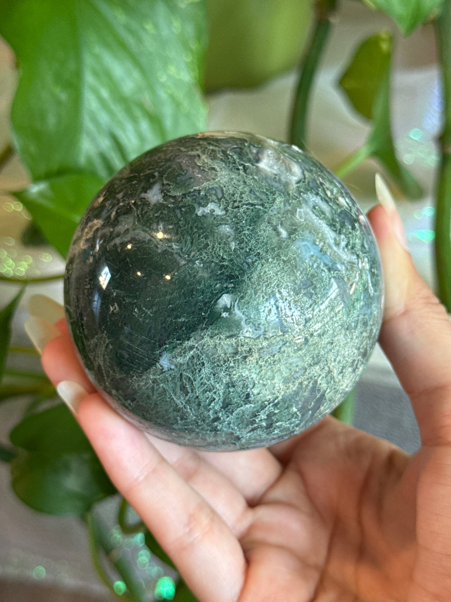 Moody Color Split Moss Agate Sphere