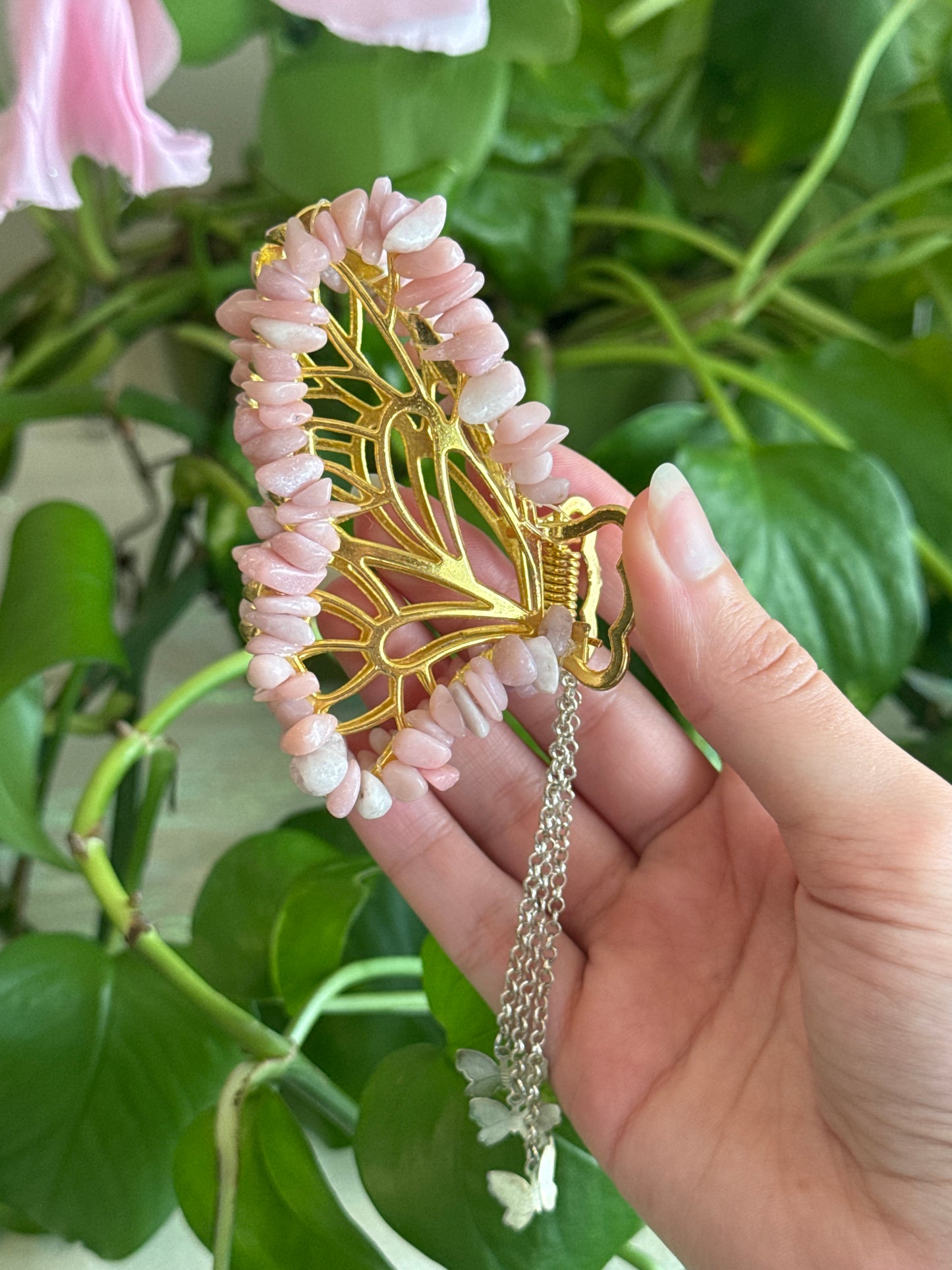 Pink Opal Gold Butterfly Claw Clip