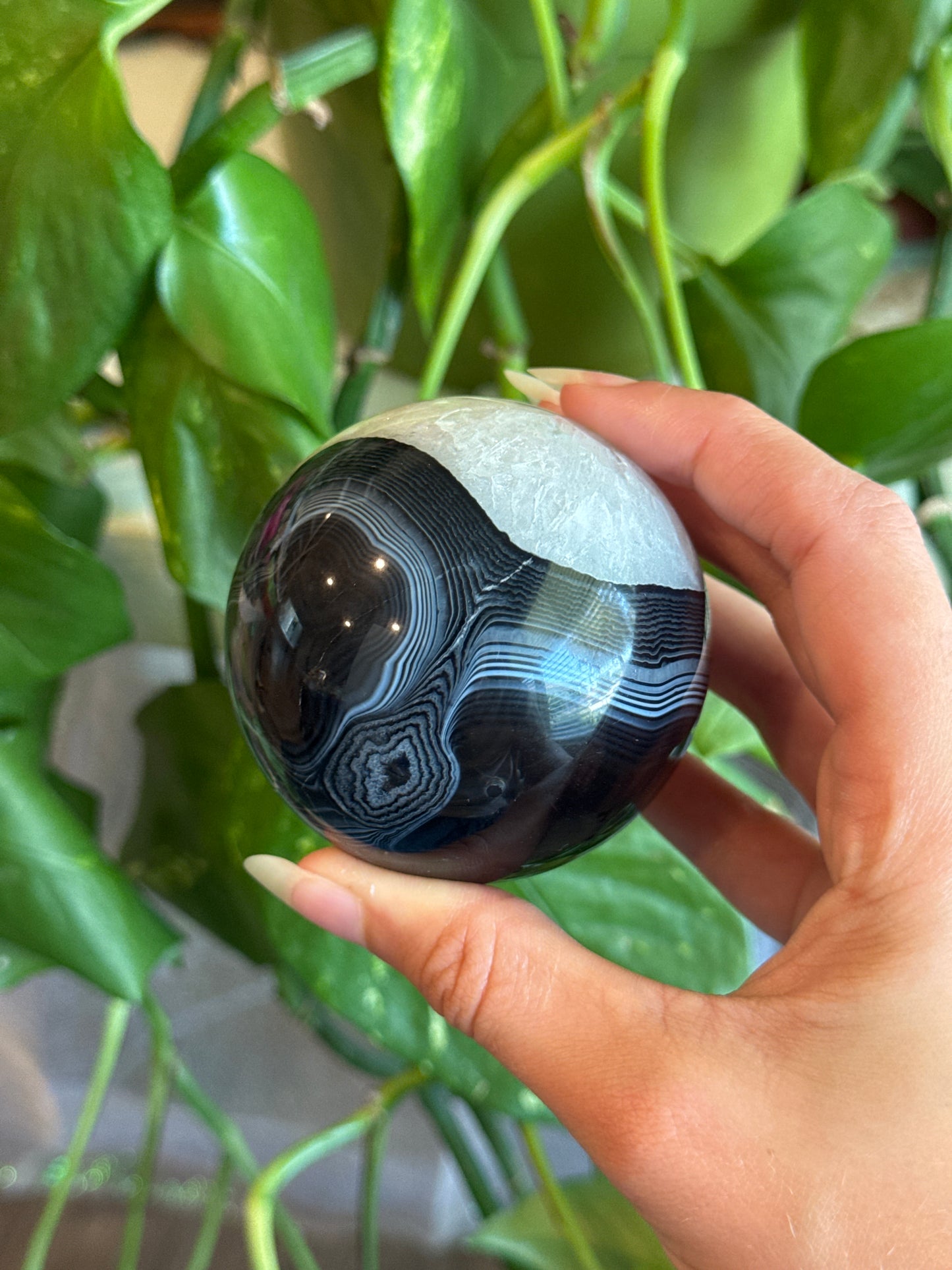 Moody Banded Black Agate & Quartz Sphere B