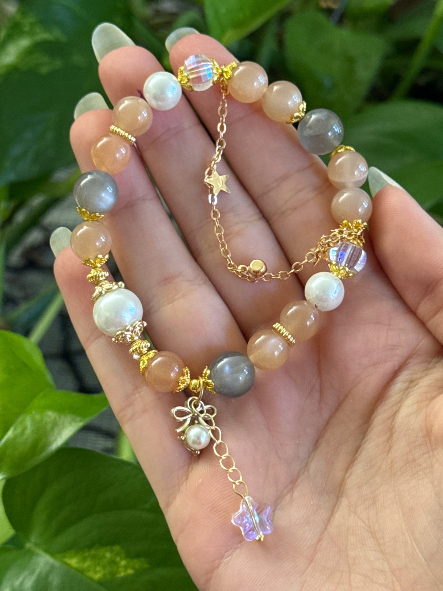 Peach & Grey Moonstone Pearl Charm Bracelet