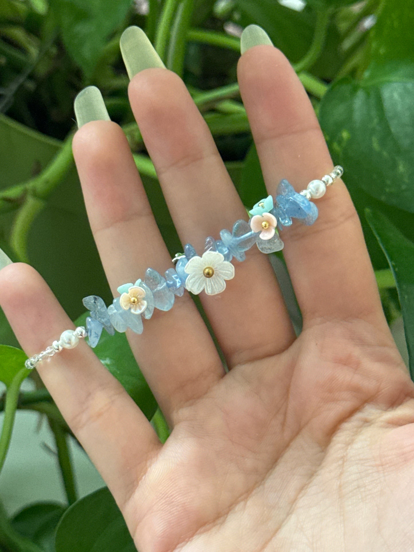Aquamarine Chip Flower Adjustable Bracelet
