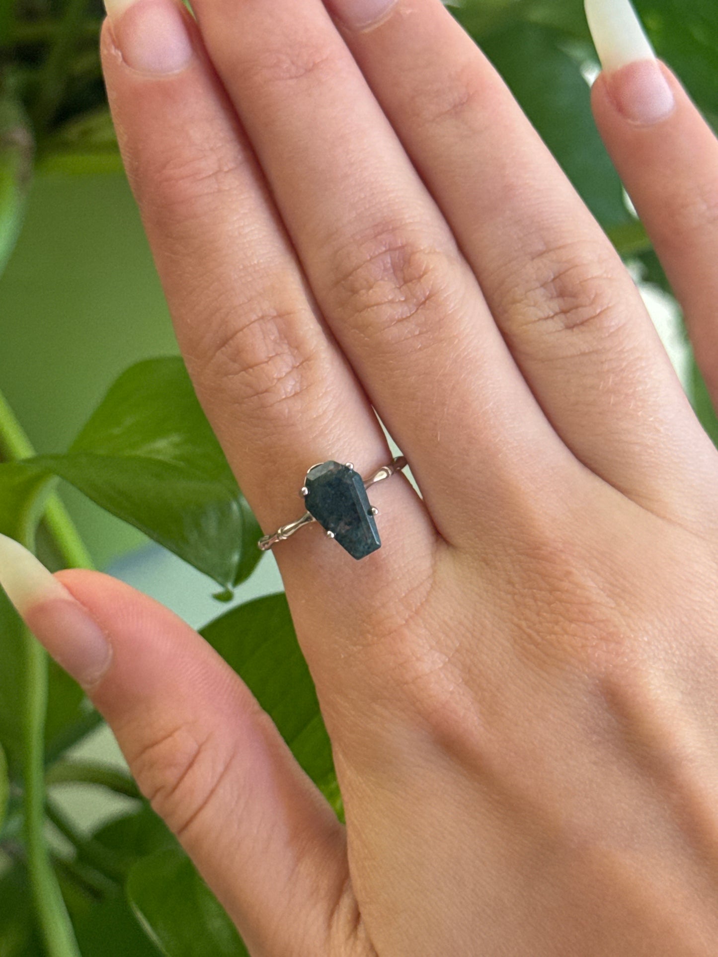 Moss Agate Coffin 925 Sterling Silver Adjustable Ring