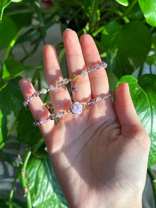 Amethyst Layered Gold Adjustable Bracelet with Rose Carving