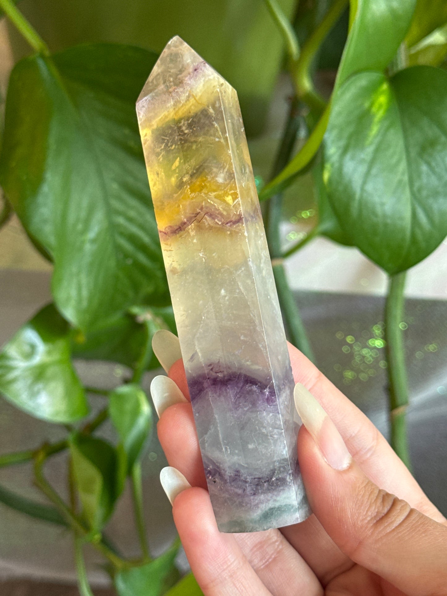 Unique Yellow, Clear, Magenta, and Blue Fluorite Tower with Rainbows