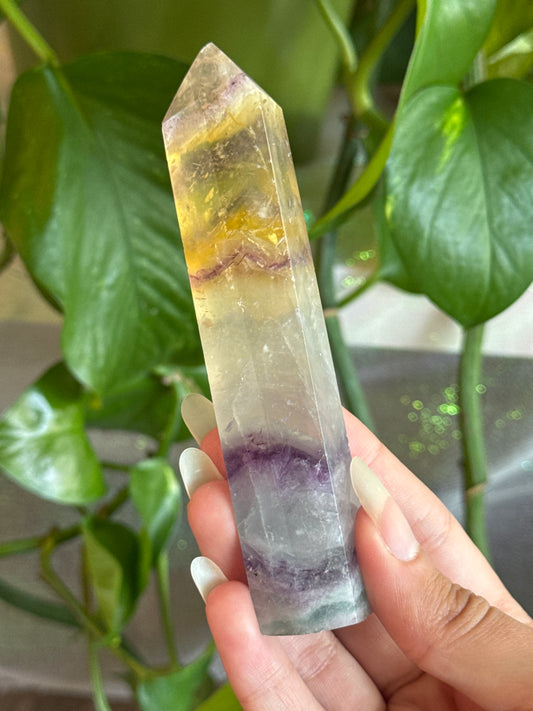 Unique Yellow, Clear, Magenta, and Blue Fluorite Tower with Rainbows