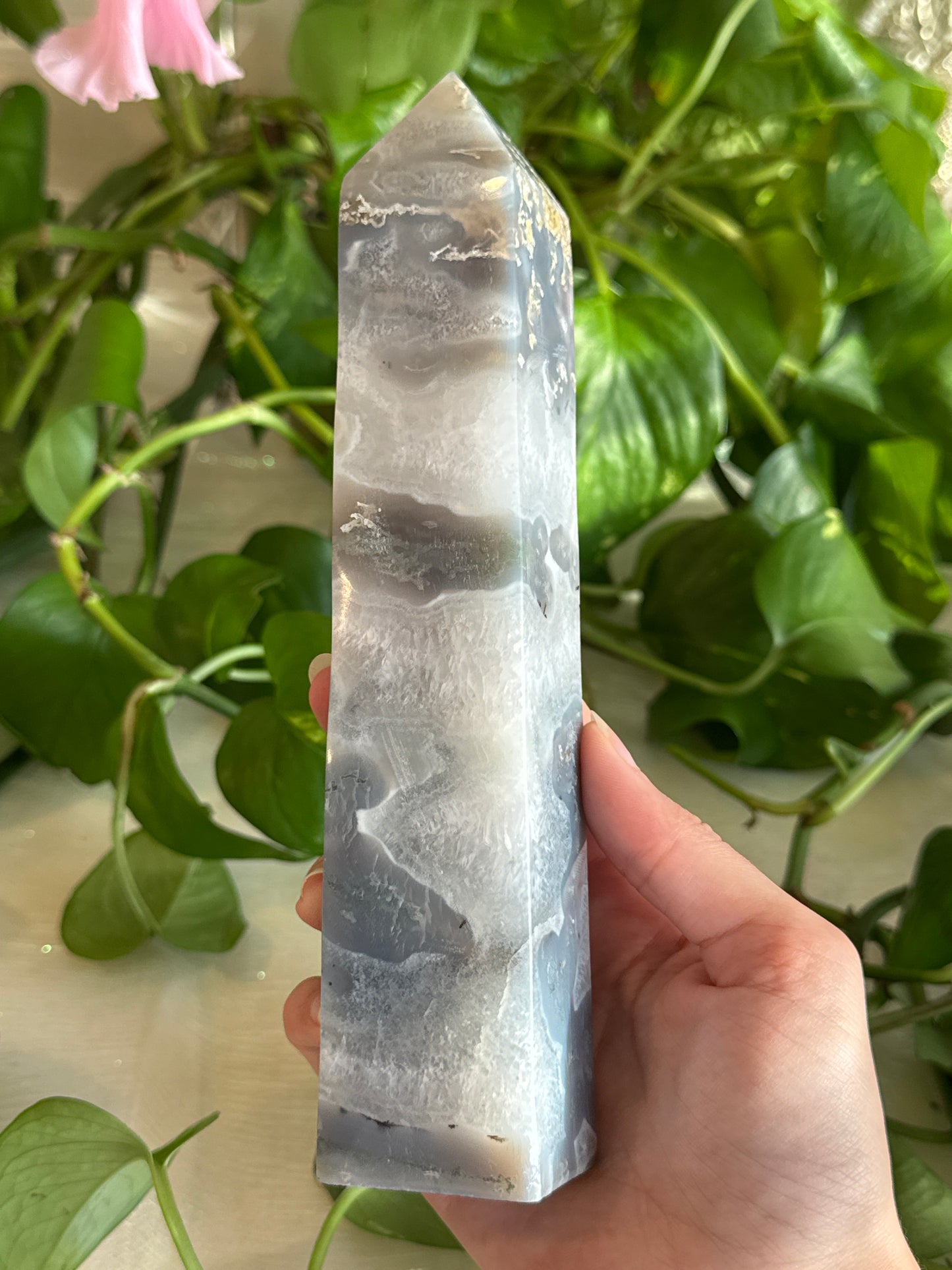 Moss Agate & Blue Chalcedony & Quartz Dreamy Druzy Tower
