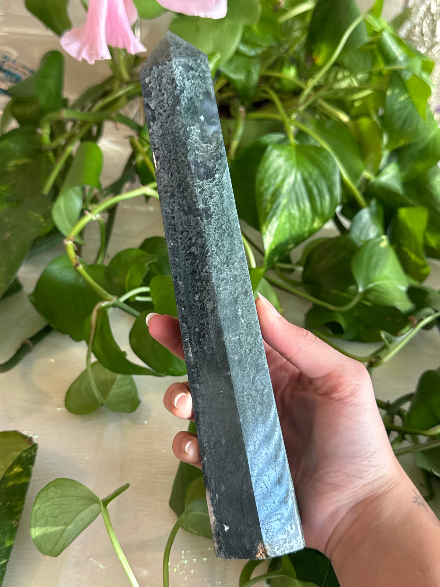 Large Moody Moss Agate Tower