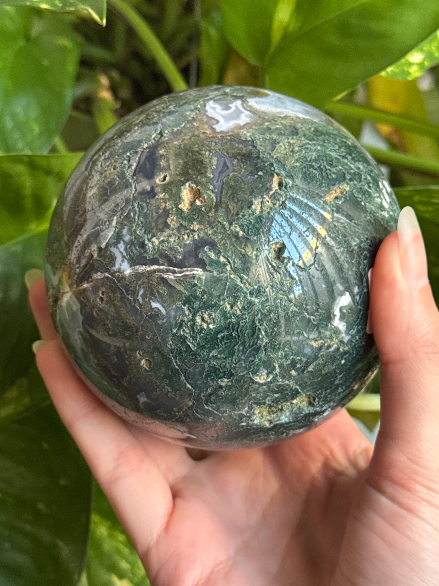 Large Dark Blue Moody Moss Agate Sphere 90mm