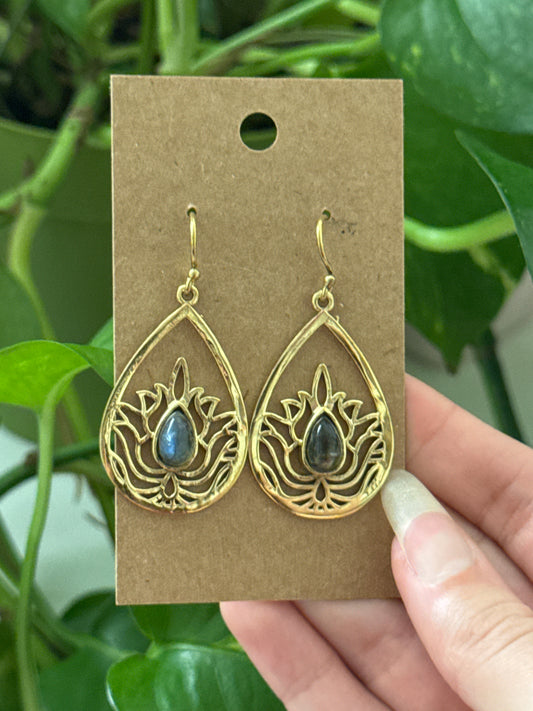 Labradorite Lotus Teardrop Earrings