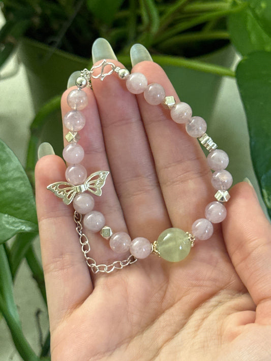 Prehnite and Lavender Rose Quartz Butterfly Adjustable Bracelet