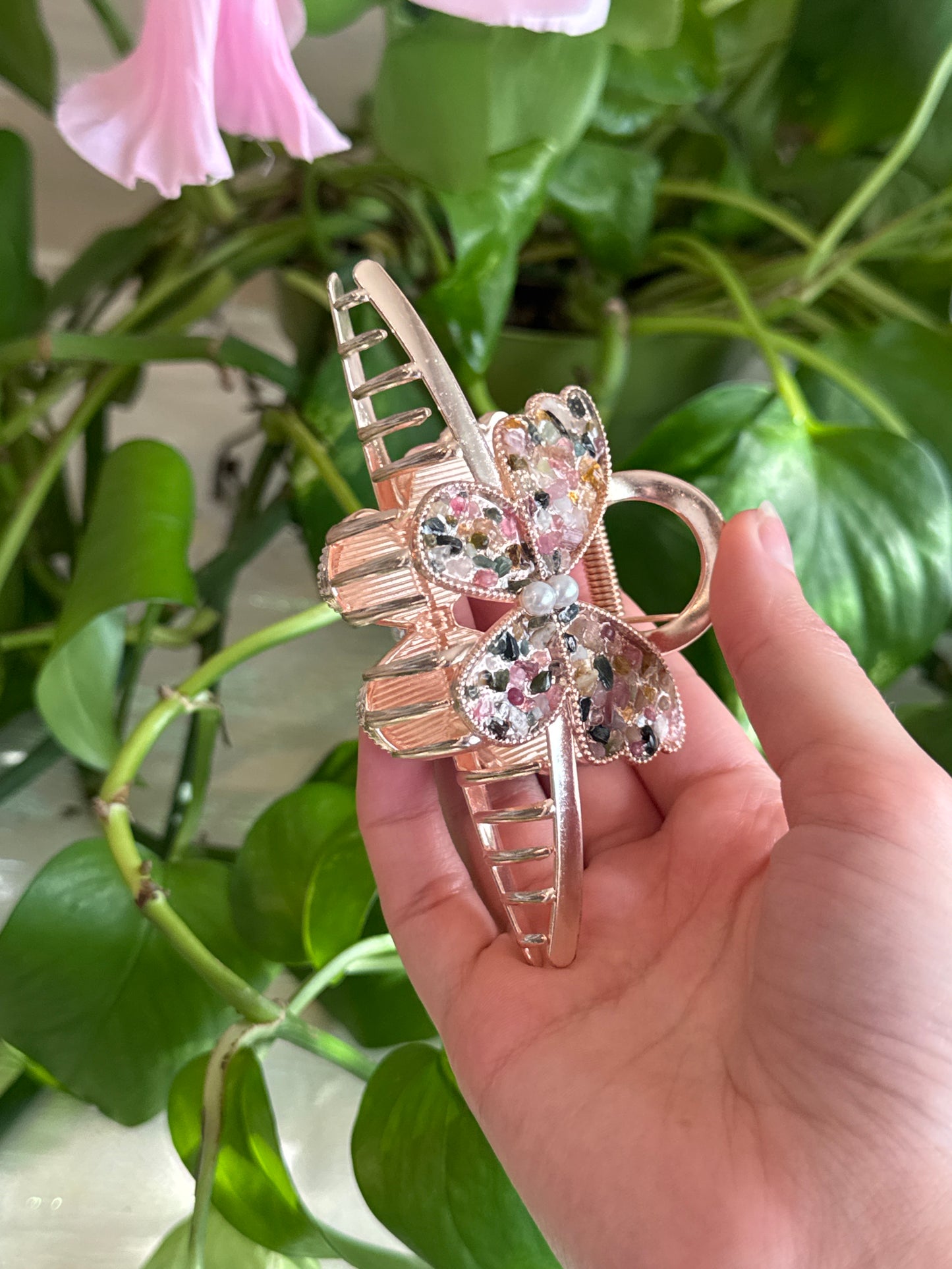 Pink & Green Tourmaline Rose Gold Butterfly Hair Clip