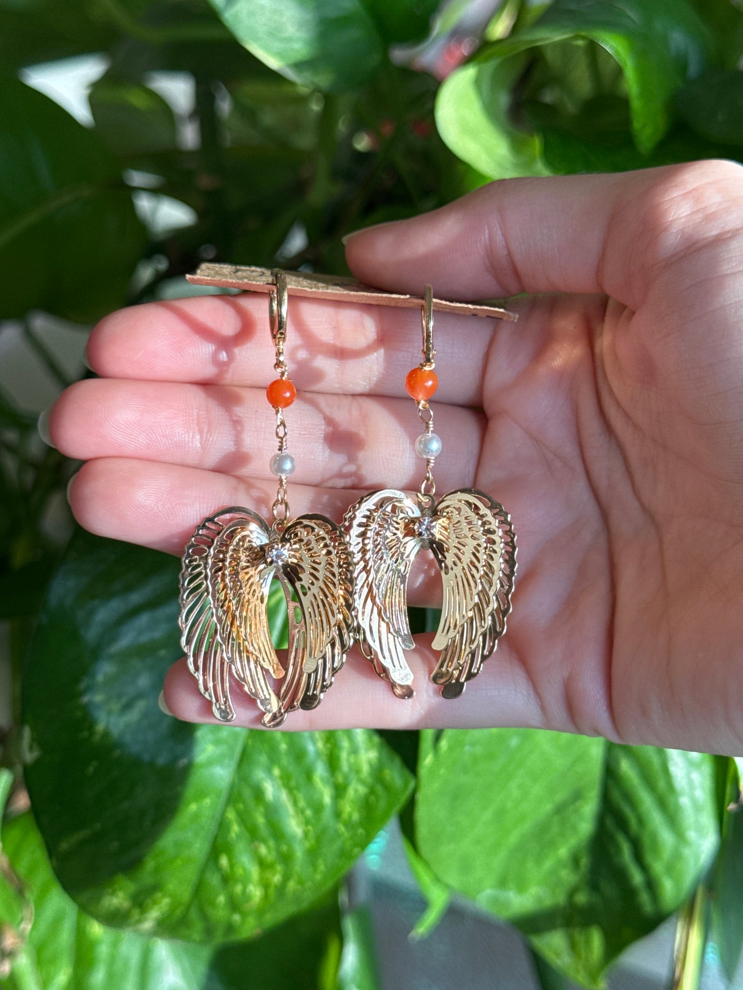 Carnelian & Pearl Wing Gold Dangle Earrings