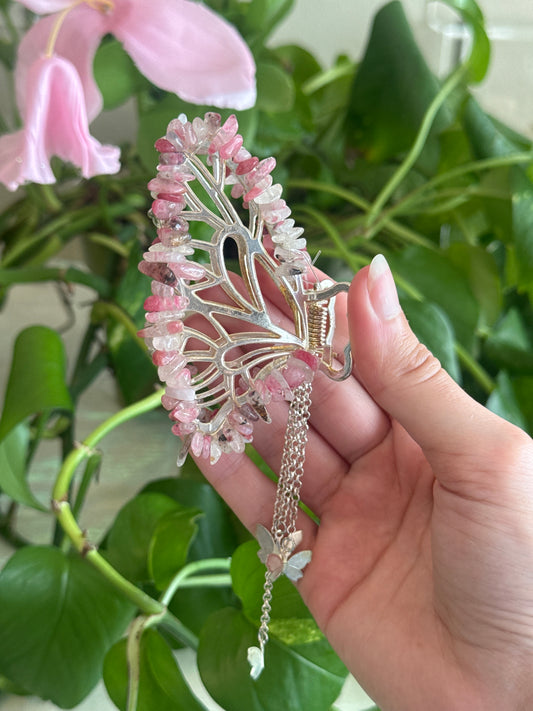 Sakura Rhodonite Silver Butterfly Hair Clip