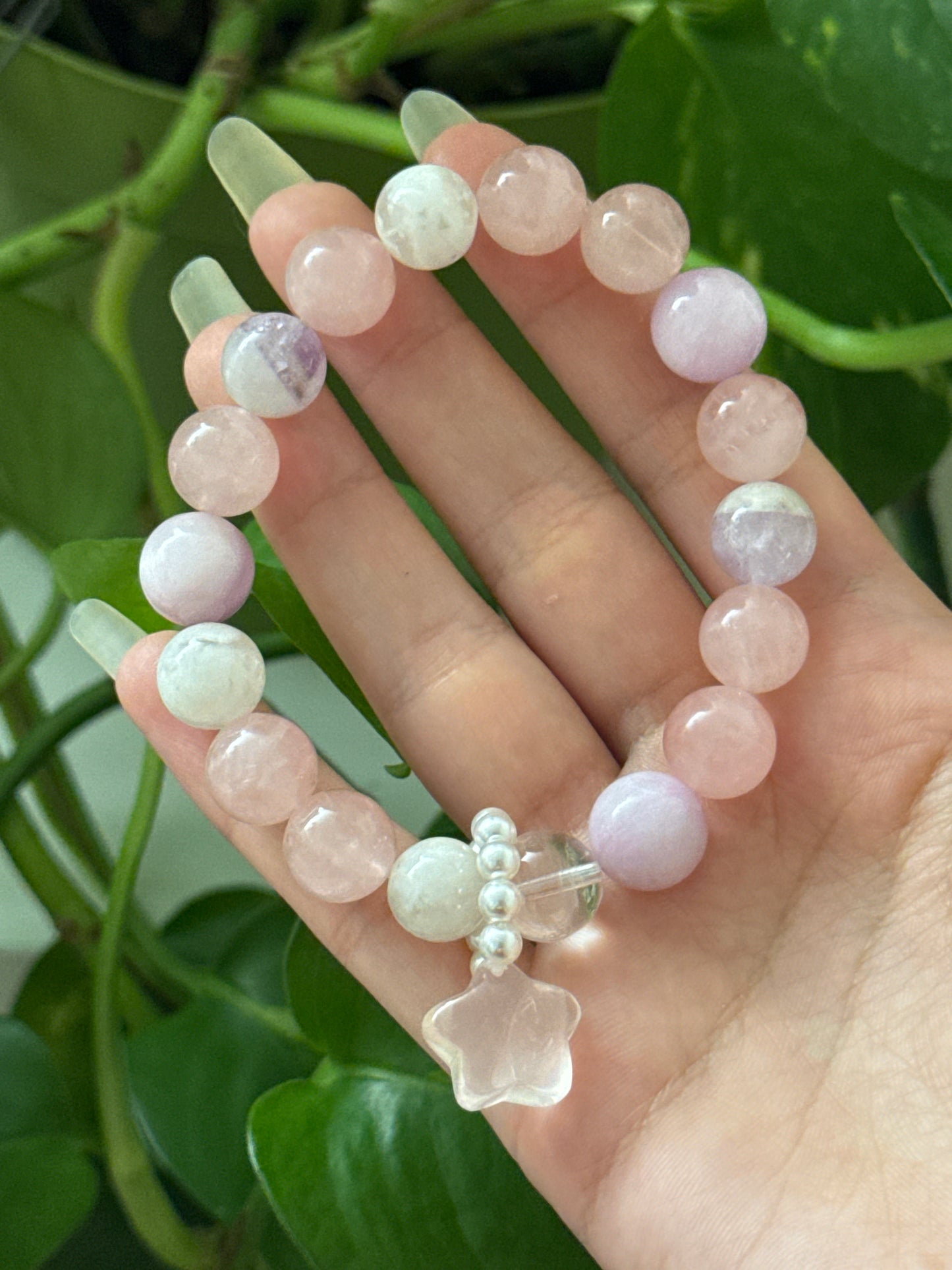 Star Flash Rose Quartz, Cats Eye Kunzite, & Amethyst & White Garden Quartz Statement Star Bracelet