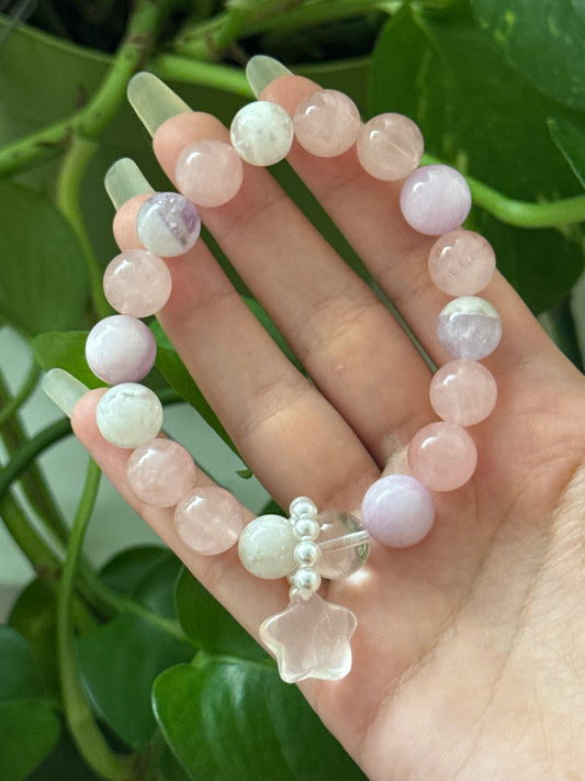 Star Flash Rose Quartz, Cats Eye Kunzite, & Amethyst & White Garden Quartz Statement Star Bracelet