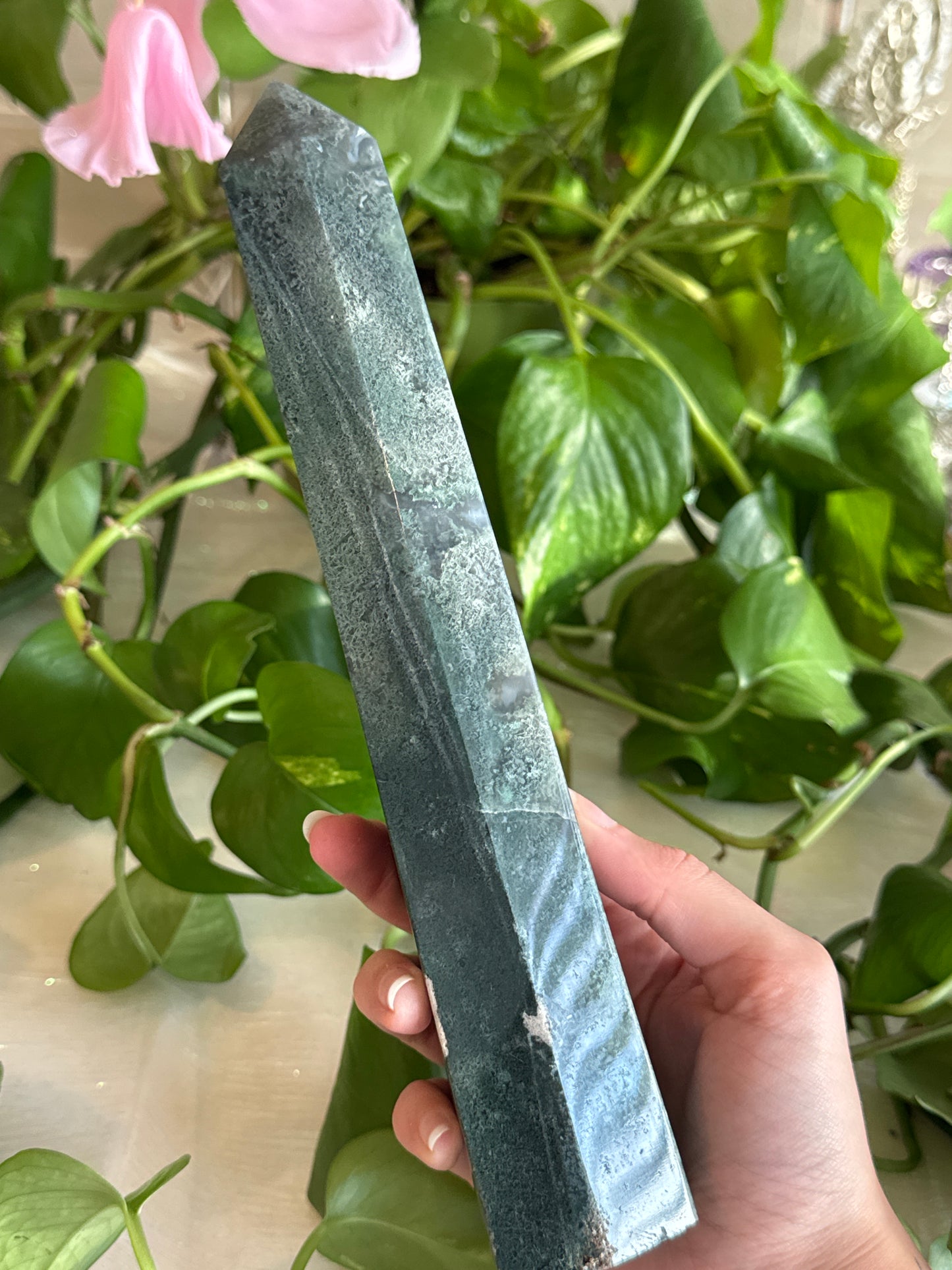 Large Moody Moss Agate Tower