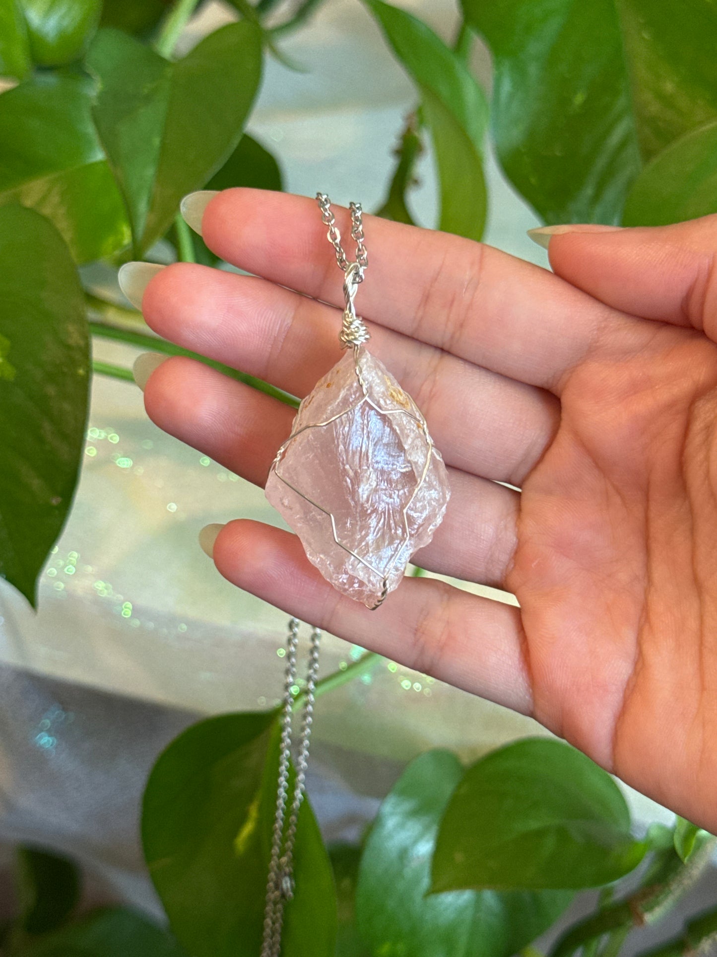 Raw Rose Quartz Wire Wrapped Necklace