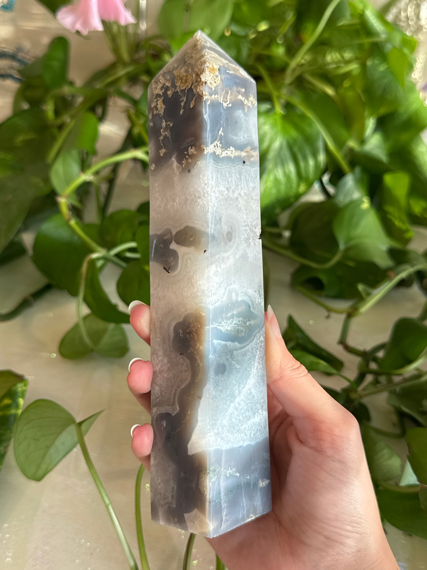 Moss Agate & Blue Chalcedony & Quartz Dreamy Druzy Tower
